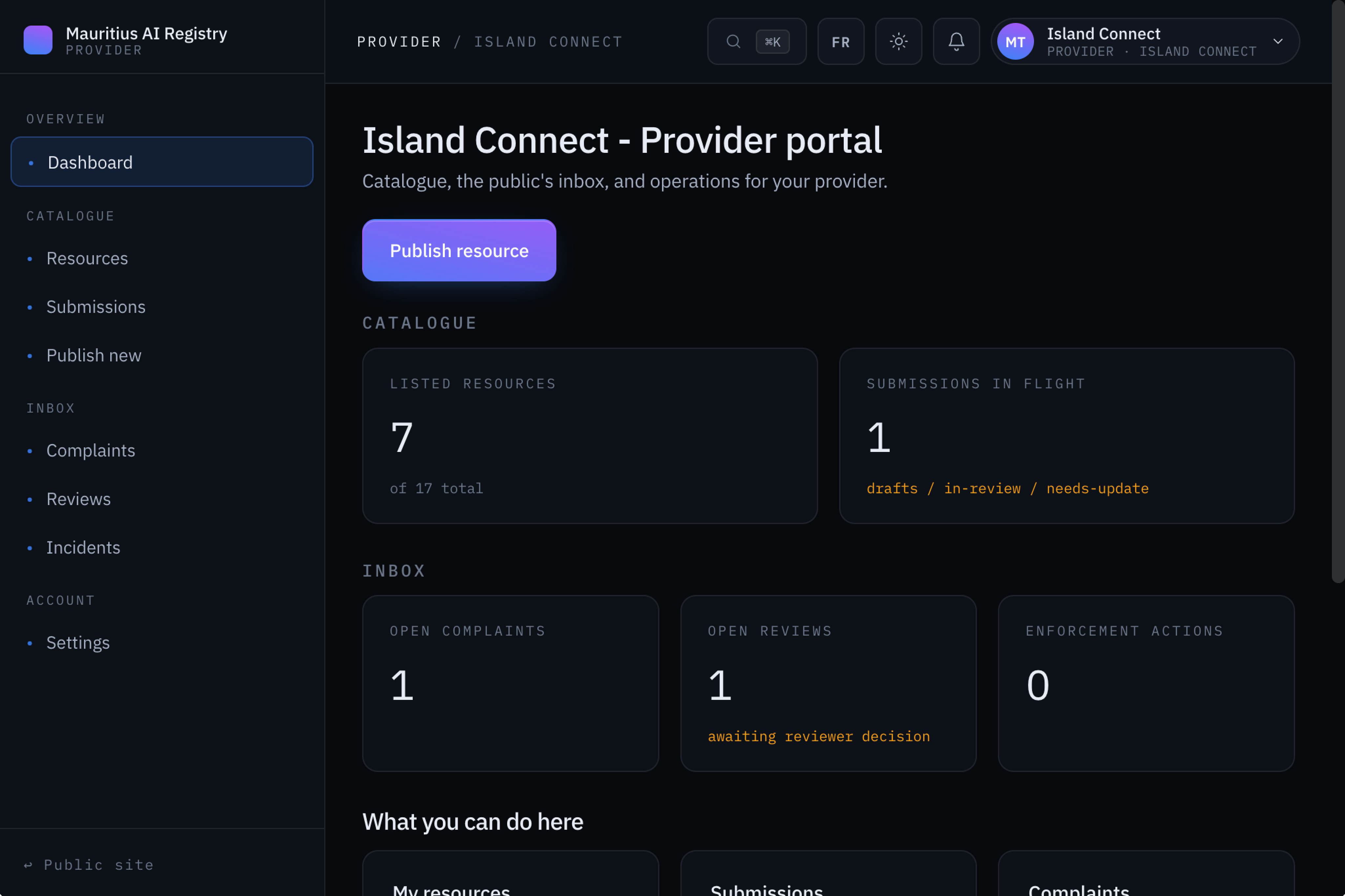 Provider dashboard